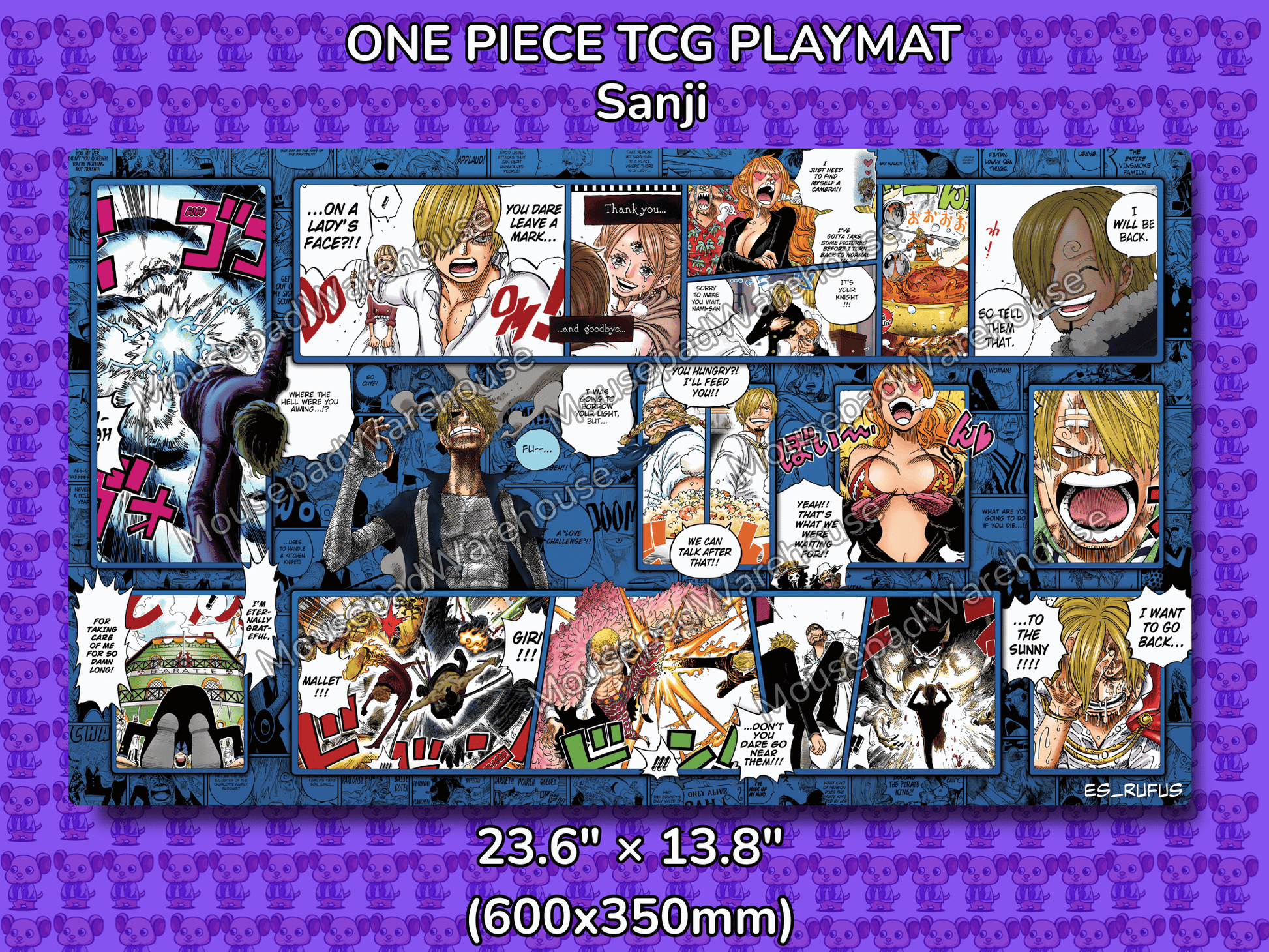 One Piece TCG Playmat featuring Sanji with comic-style illustrations on a purple background.