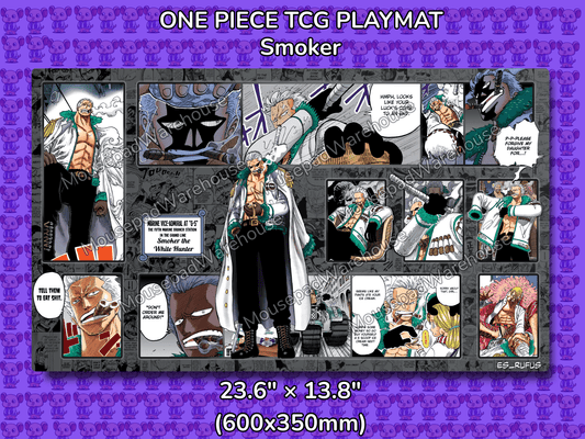 One Piece TCG Playmat featuring Smoker with character images and text on a purple background.