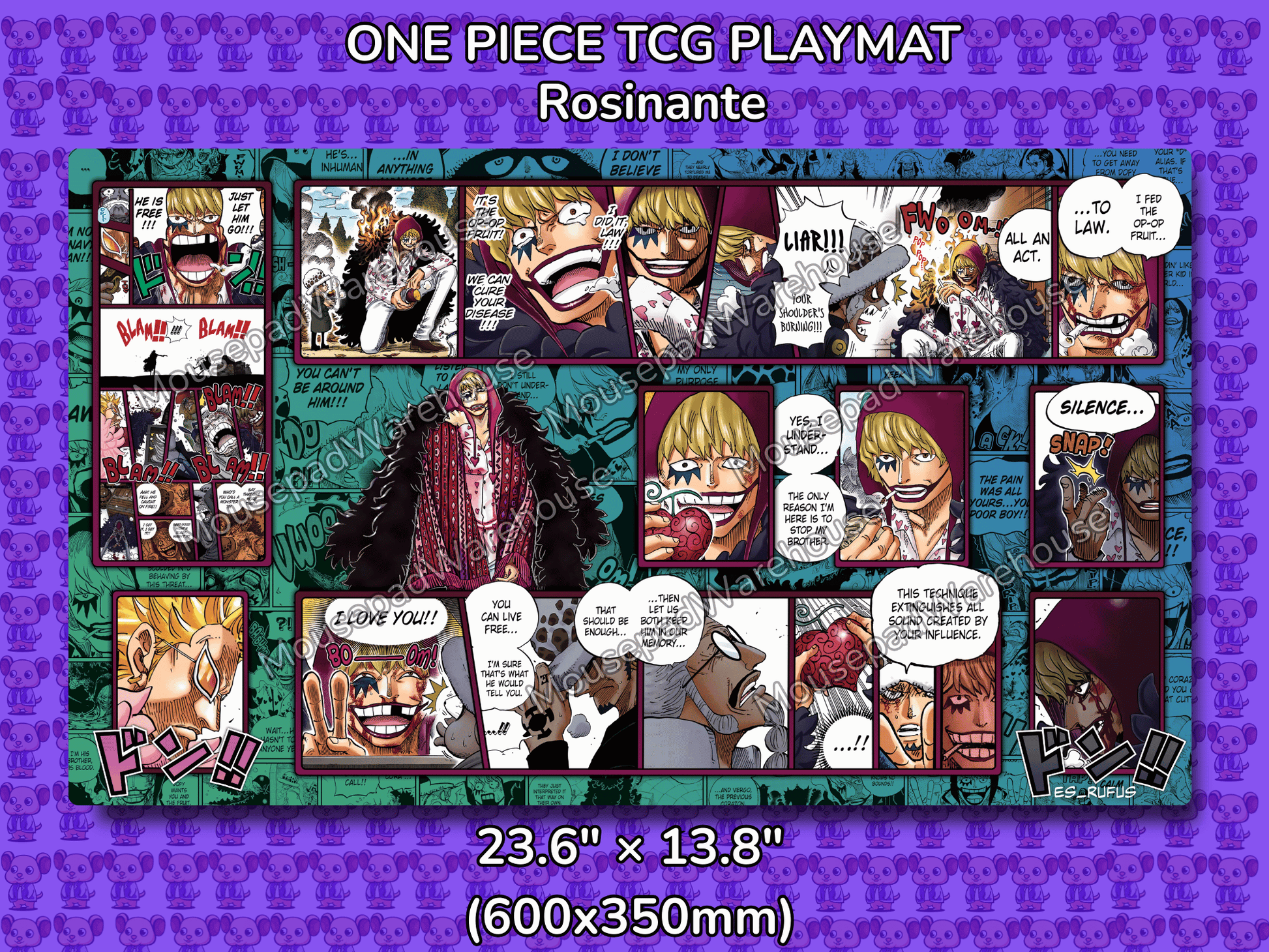 One Piece TCG Playmat Rosinante with character panels and text bubbles on a purple background