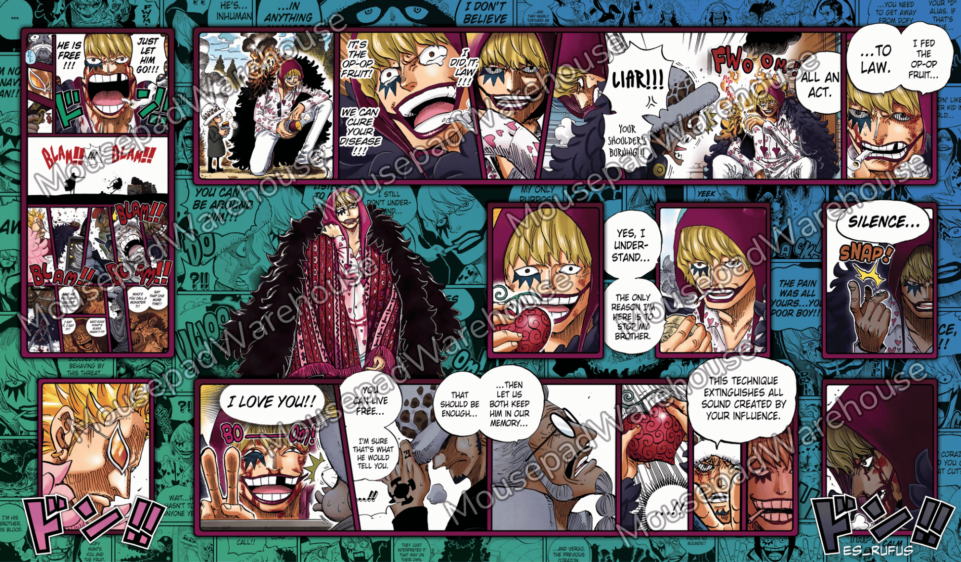 Comic book panels with various characters and text bubbles on a blue background