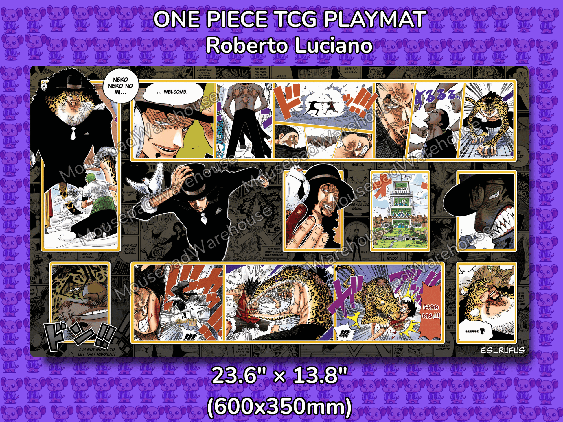 One Piece TCG Playmat with Roberto Luciano character illustrations on a purple background