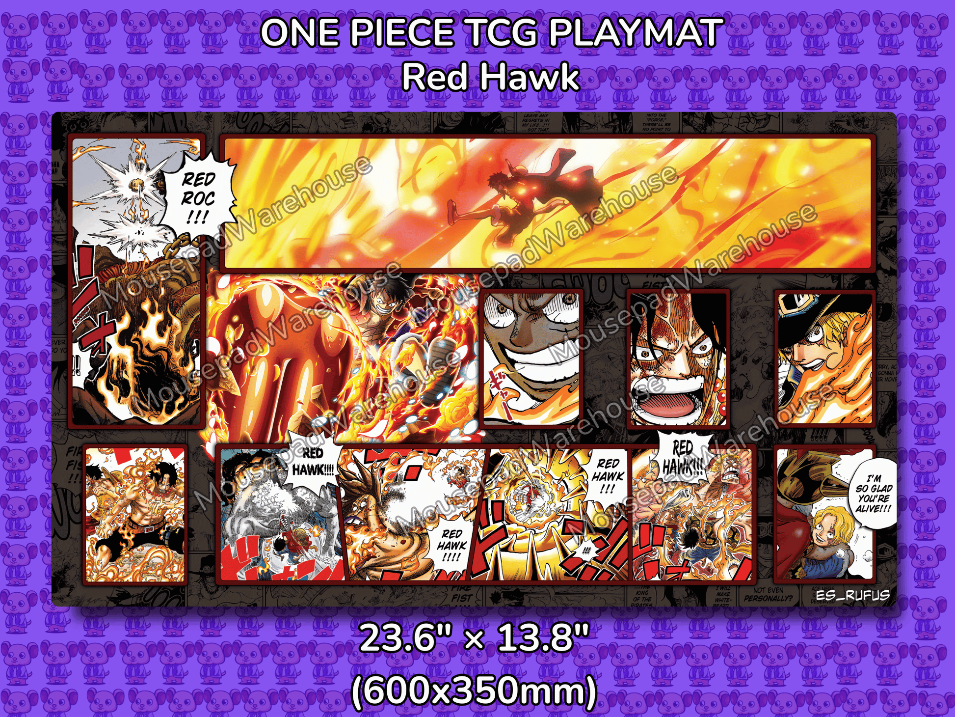 One Piece TCG Playmat featuring Red Hawk design on a purple background