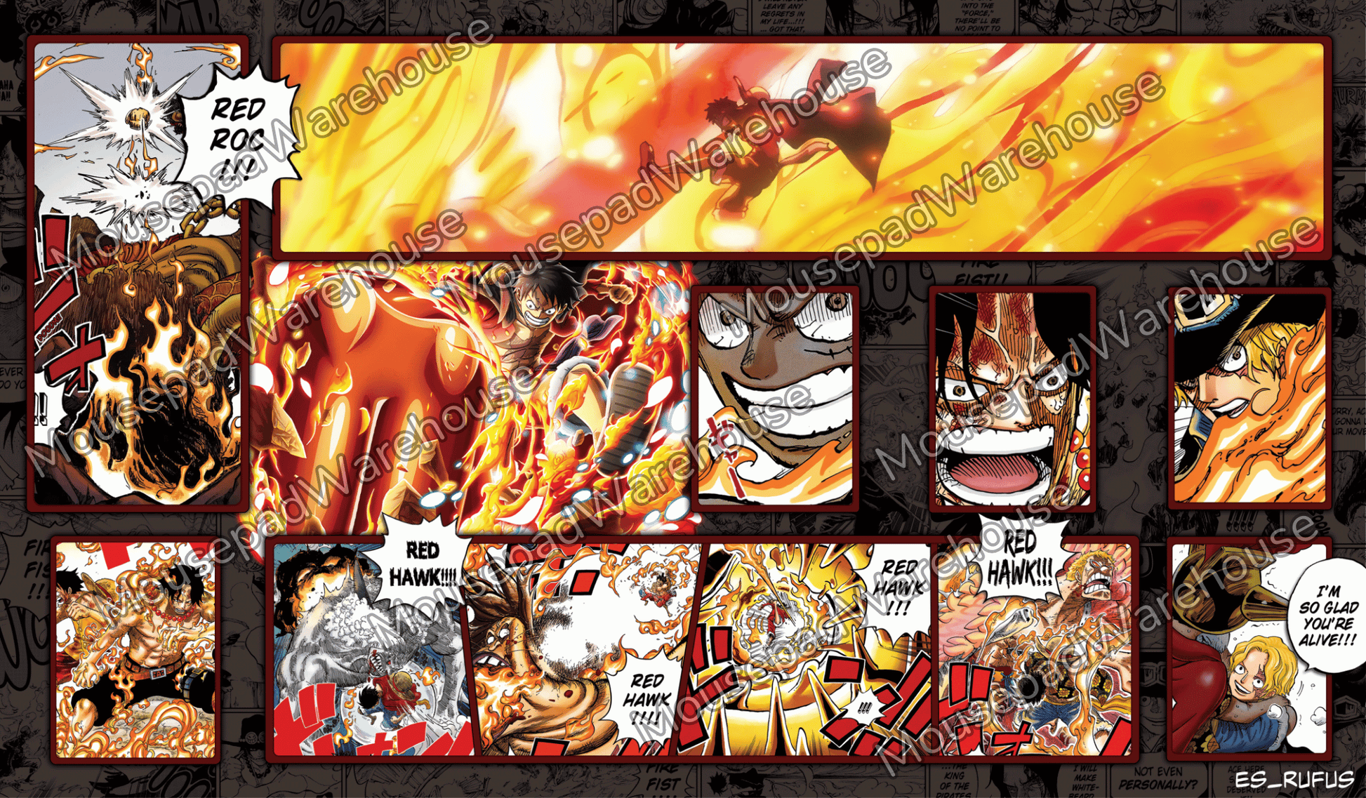 Collection of anime-style character cards with fiery backgrounds and text on a black background.