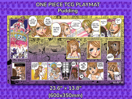 One Piece TCG Playmat with character illustrations on a purple background