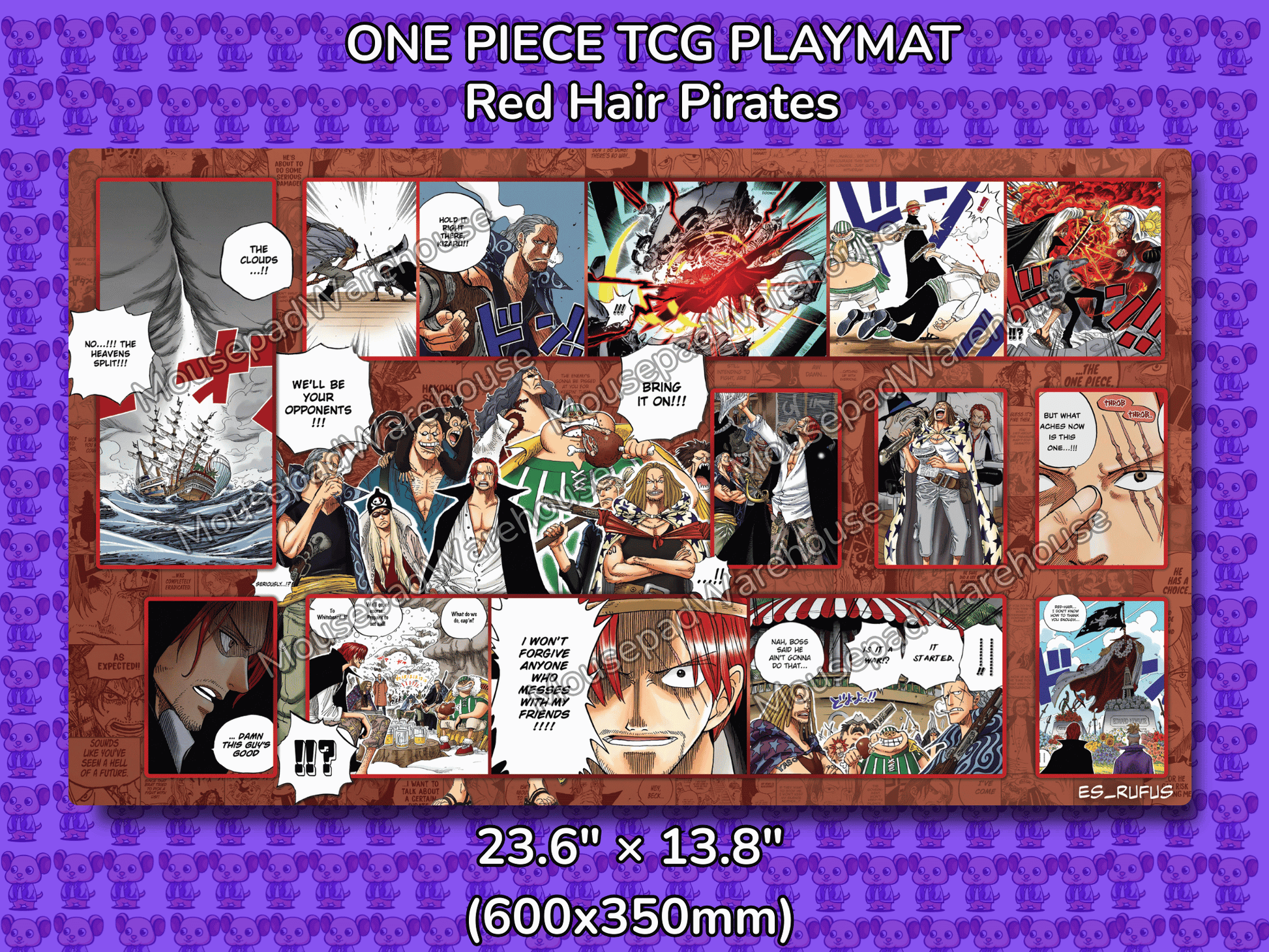 One Piece TCG Playmat featuring Red Hair Pirates with comic book style illustrations on a purple background.