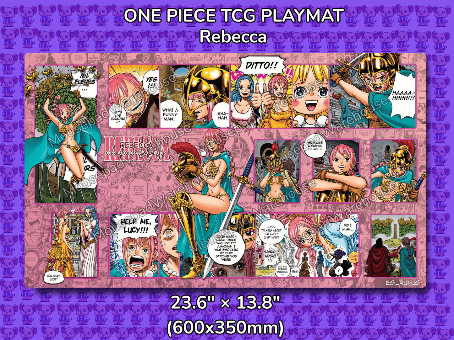One Piece TCG playmat featuring Rebecca and various characters on a purple background
