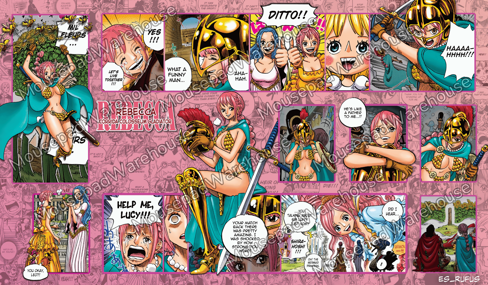 Collage of animated characters with various poses and expressions on a pink background.