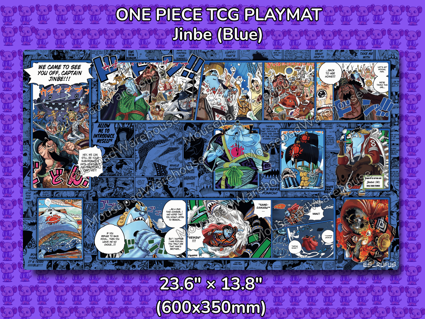 One Piece TCG Playmat featuring Jinbe character on a purple background
