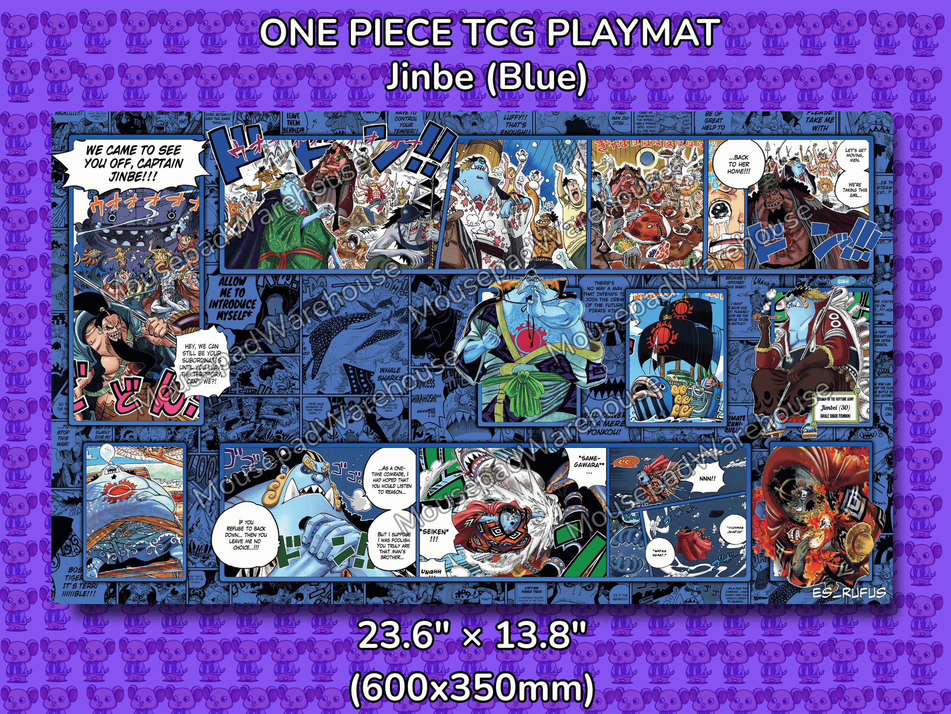 One Piece TCG Playmat featuring Jinbe character on a purple background