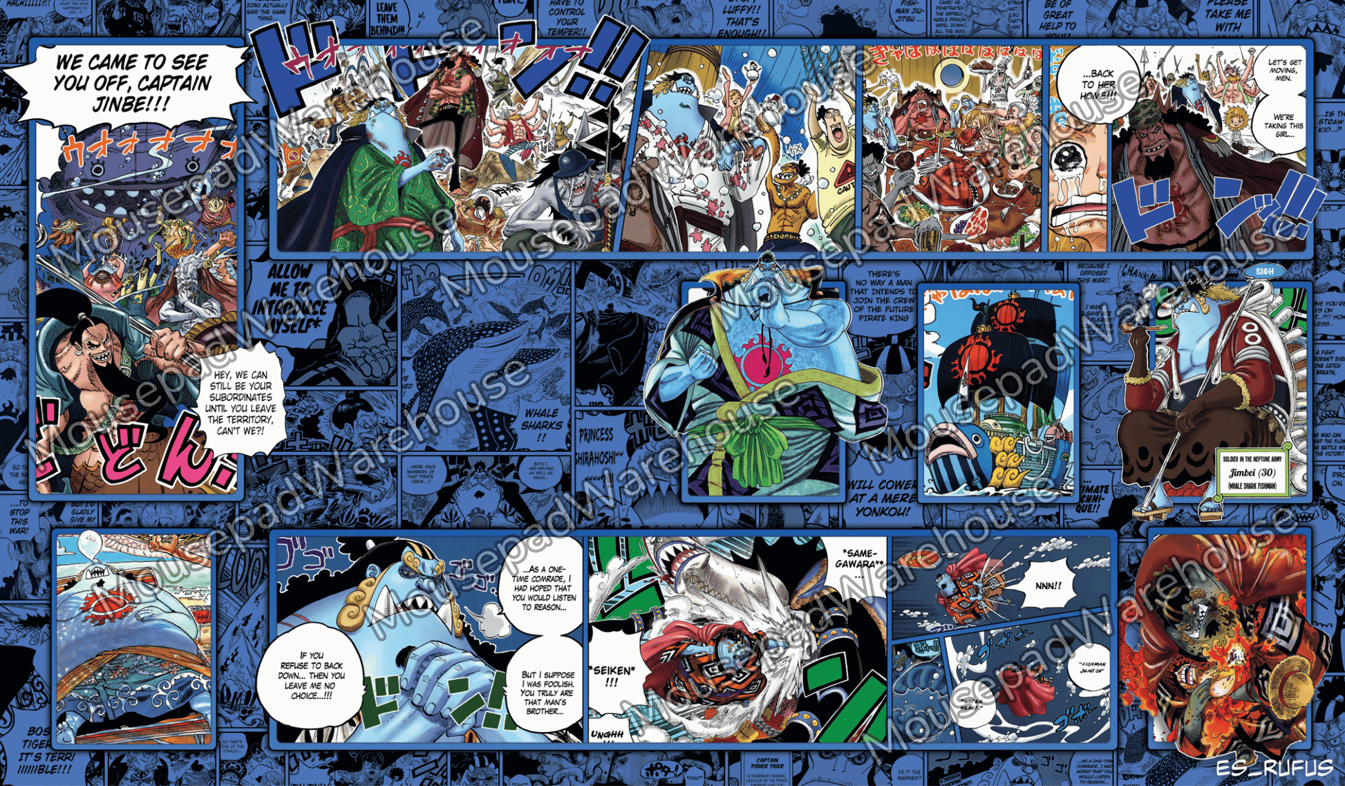 Comic book panel layout with various characters and scenes on a blue background