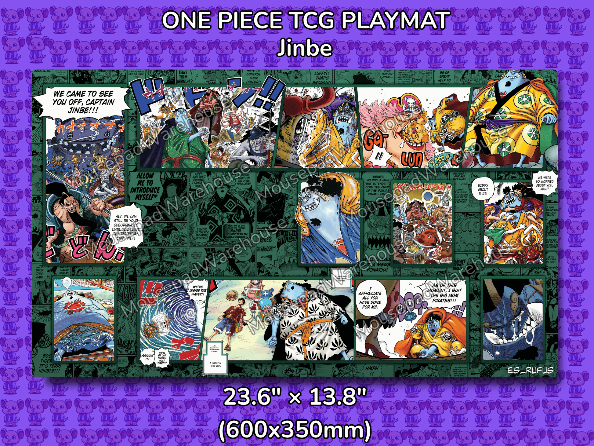 One Piece TCG playmat featuring Jinbe and various characters with a purple border and text.