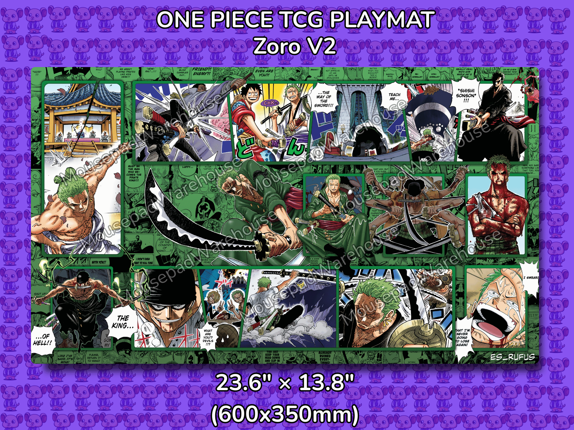 One Piece TCG Playmat featuring Zoro with dimensions on a purple background