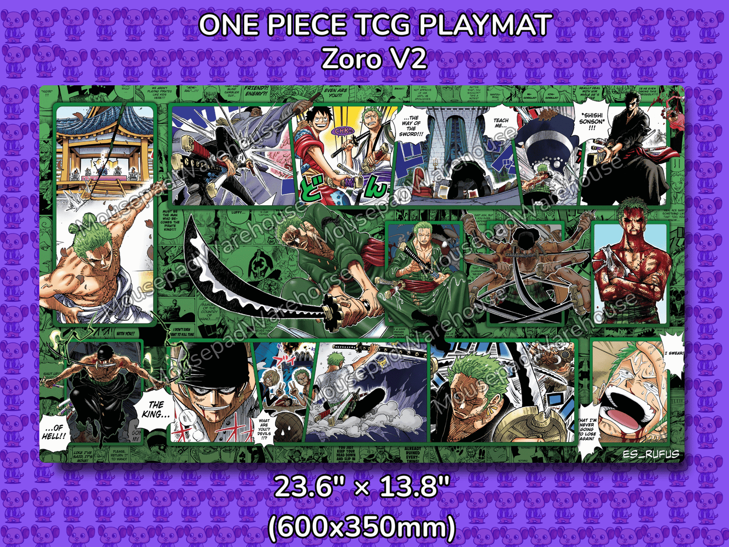 One Piece TCG Playmat featuring Zoro with dimensions on a purple background
