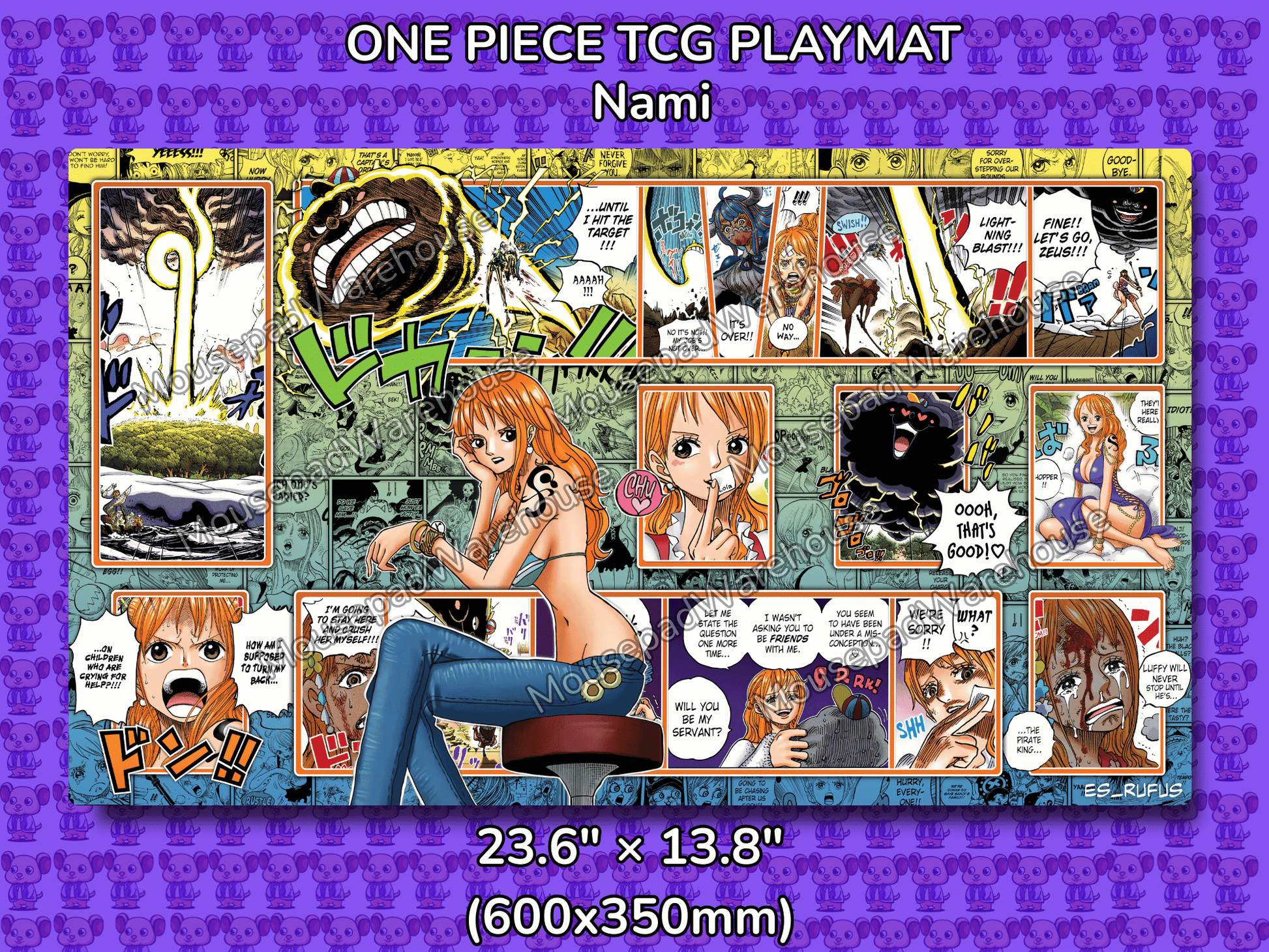 One Piece TCG Playmat featuring Nami with comic book panels and character illustrations on a purple background.