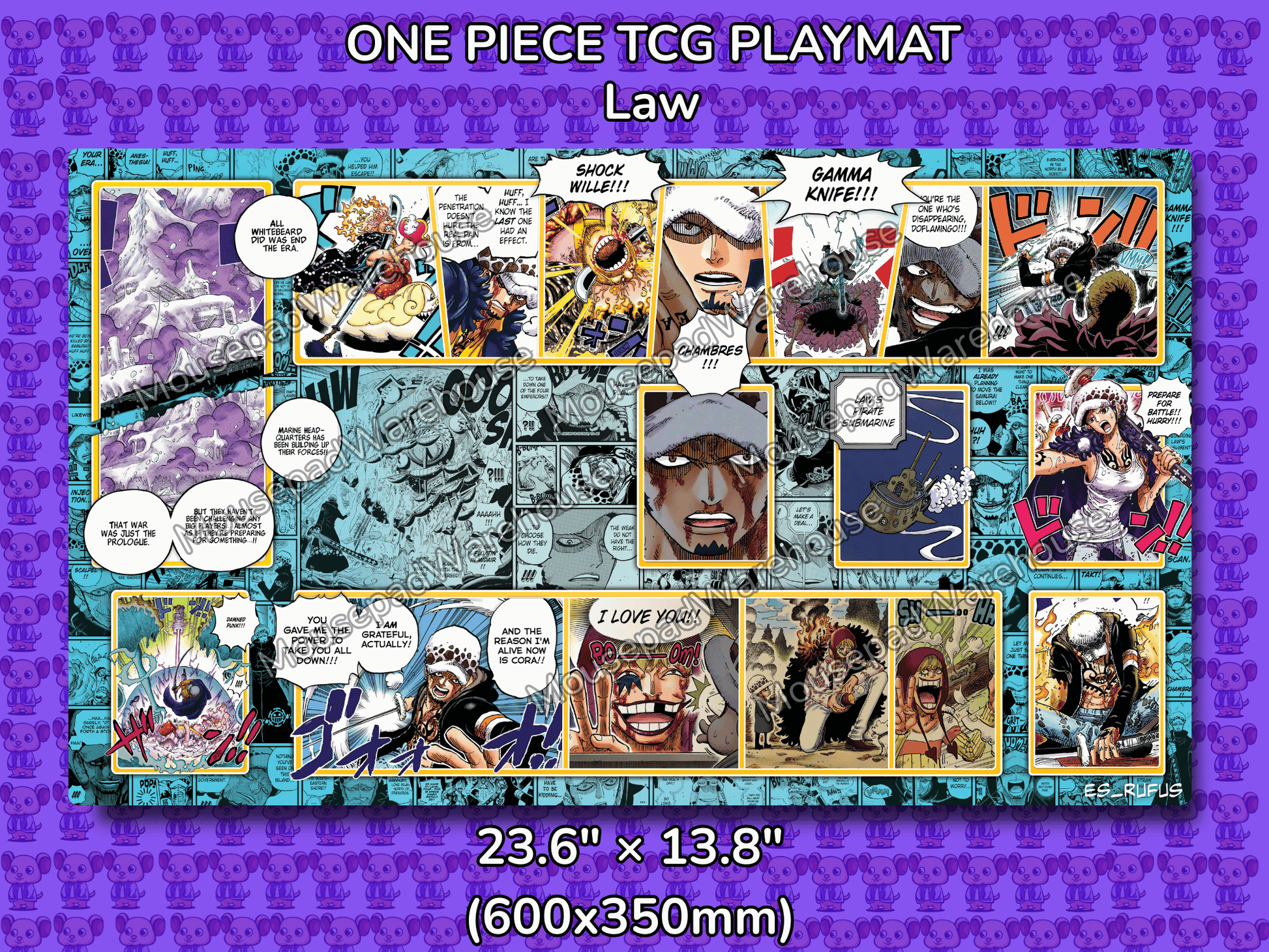 One Piece TCG playmat featuring Law and various characters and scenes with a purple border.