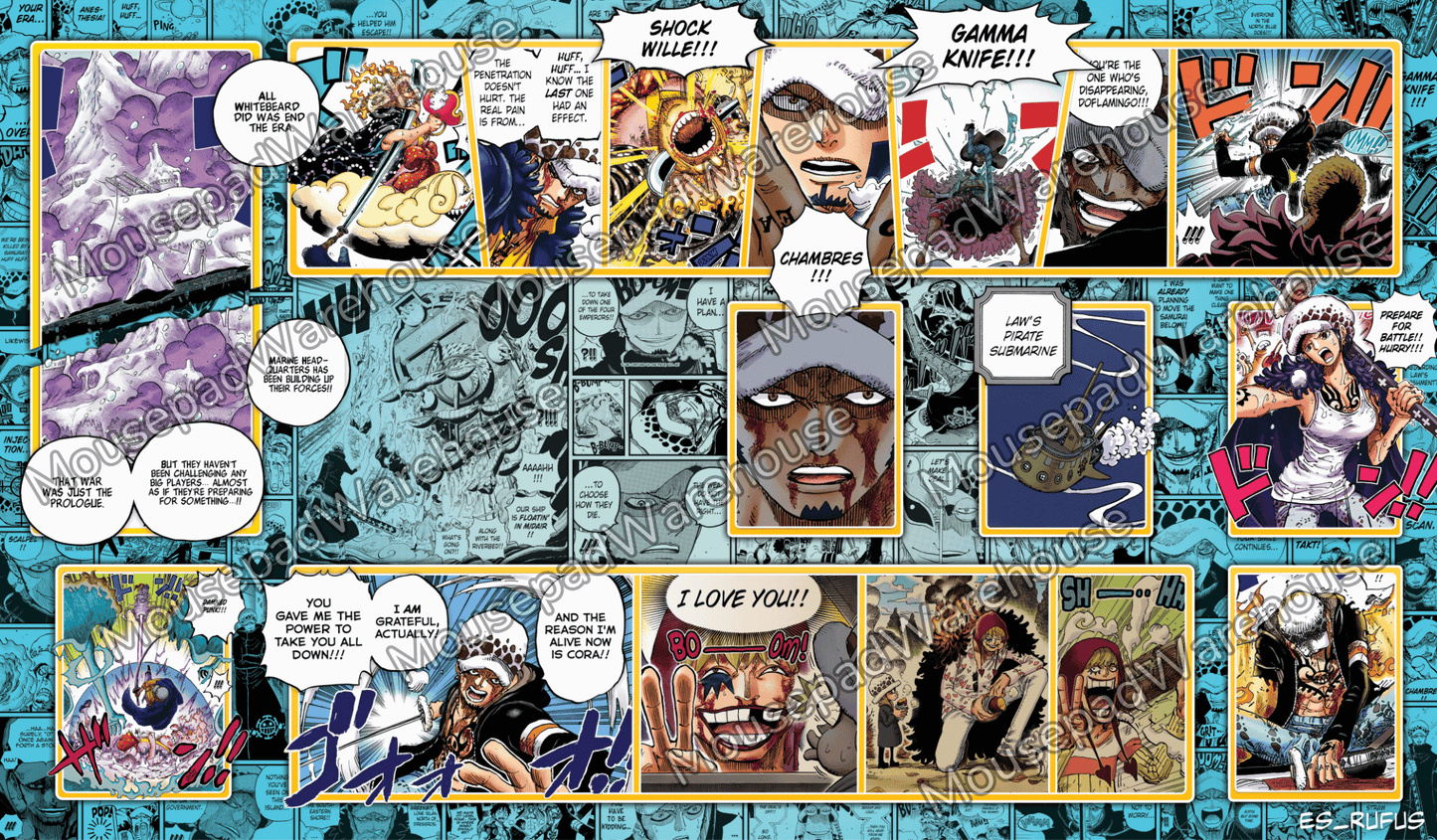 Comic book panel collage with various characters and action poses on a blue textured background.