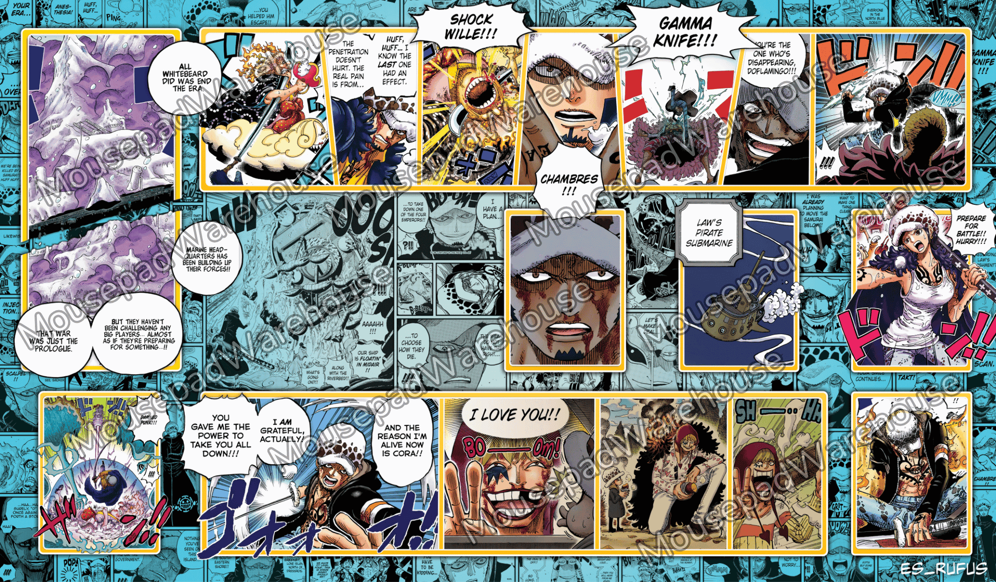 Comic book panel collage with various characters and action poses on a blue textured background.