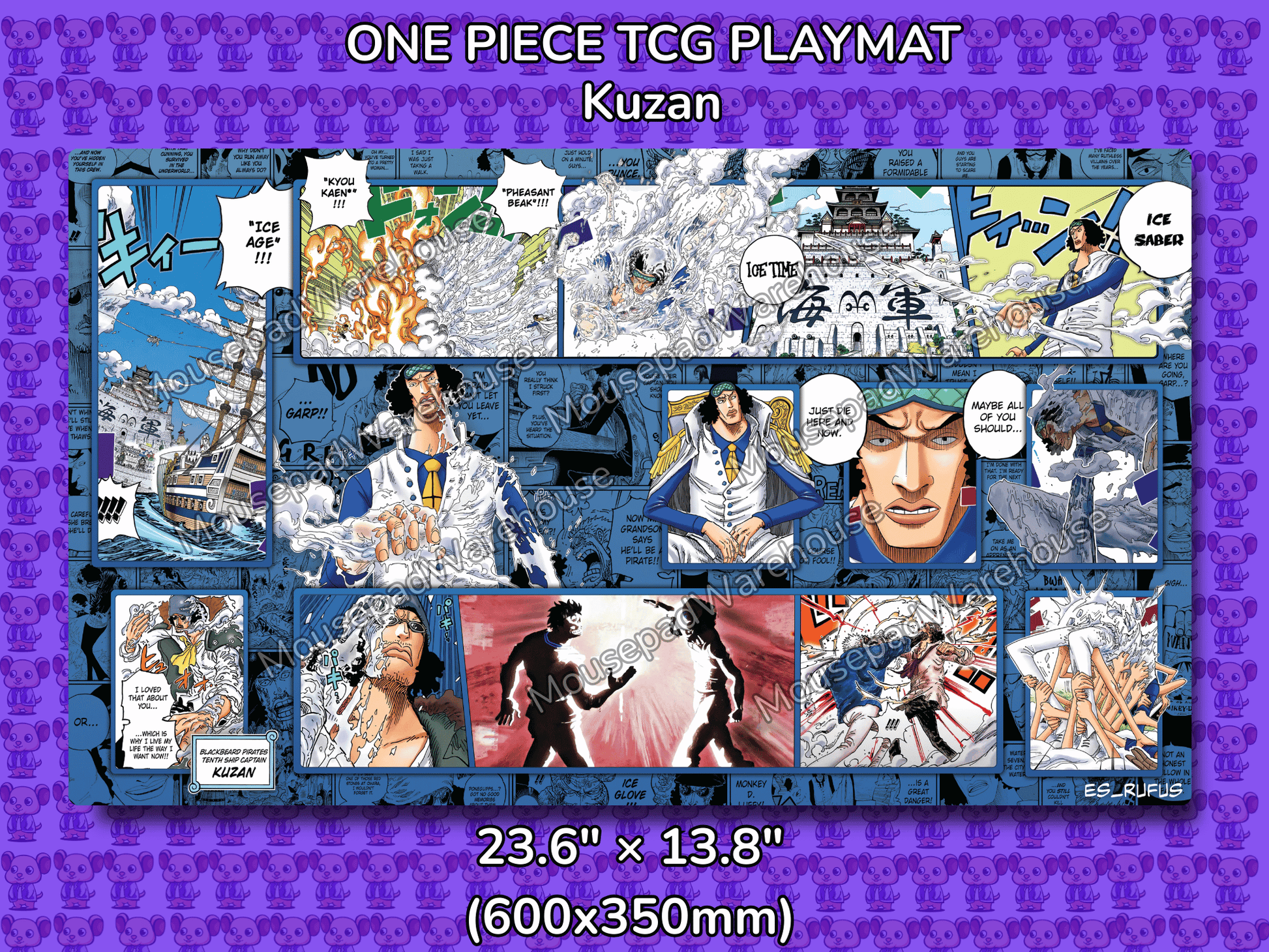 One Piece TCG Playmat with Kuzan design on a purple background