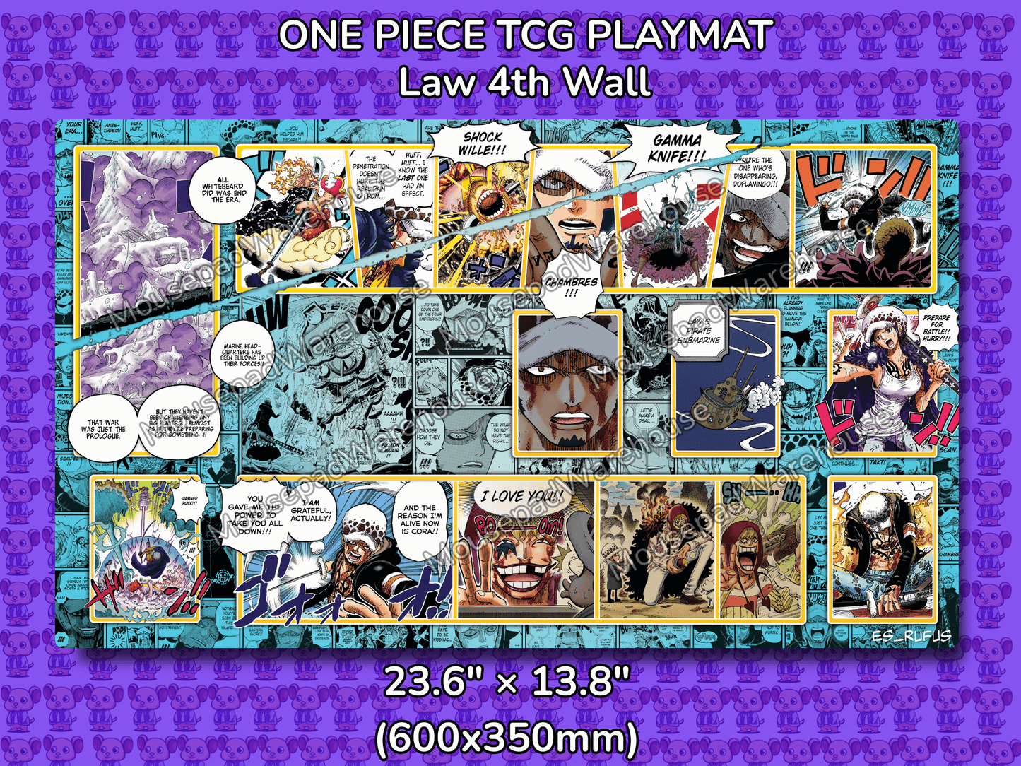 One Piece TCG Playmat featuring Law from the 4th Wall with comic book style illustrations on a blue and purple patterned background.