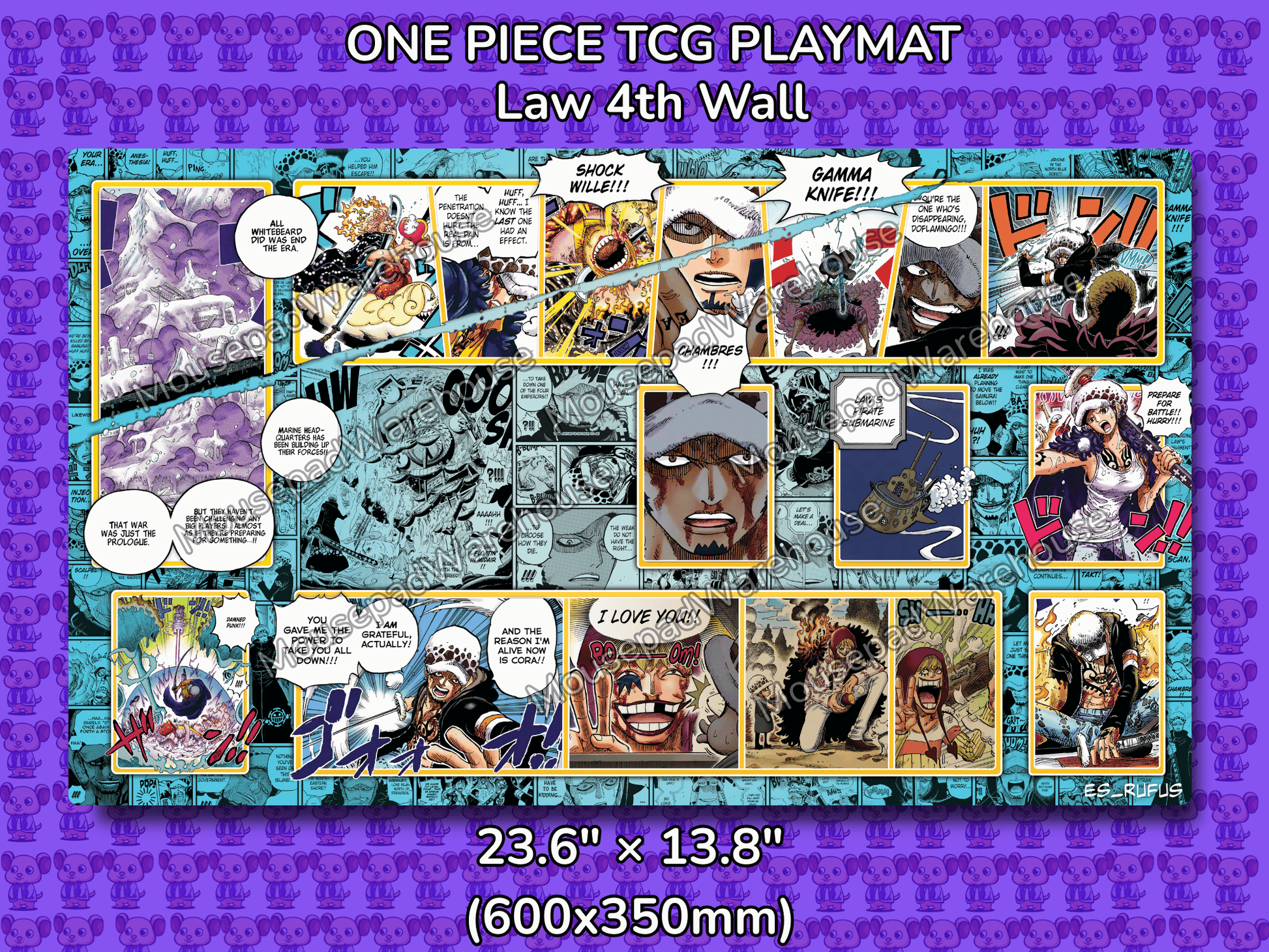 One Piece TCG Playmat featuring Law from the 4th Wall with comic book style illustrations on a blue and purple patterned background.