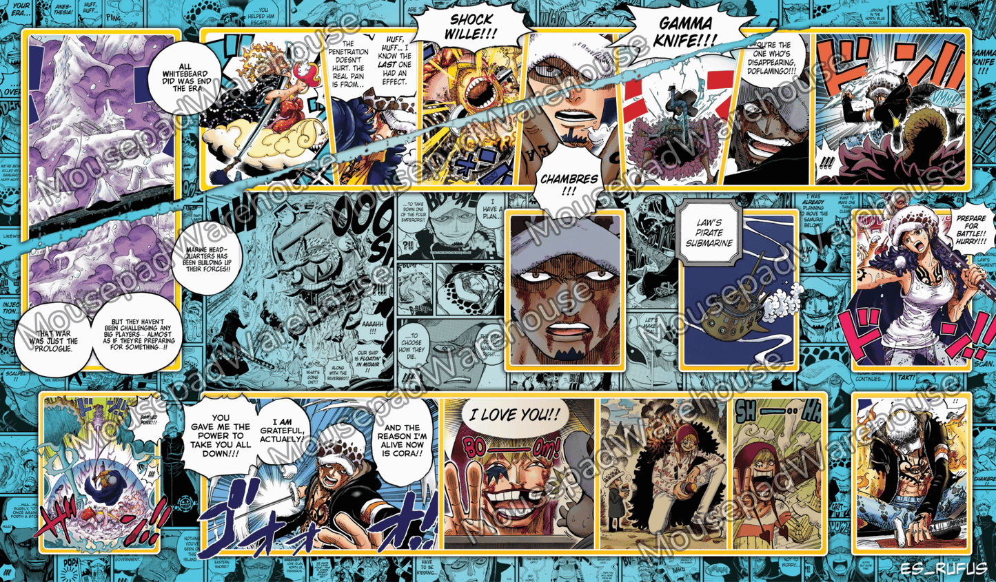 Comic book panel collage with various characters and action poses on a blue background.