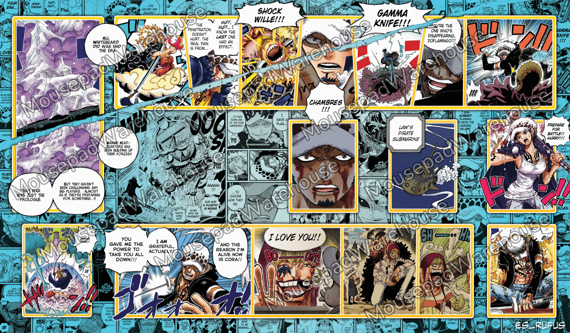 Comic book panel collage with various characters and action poses on a blue background.