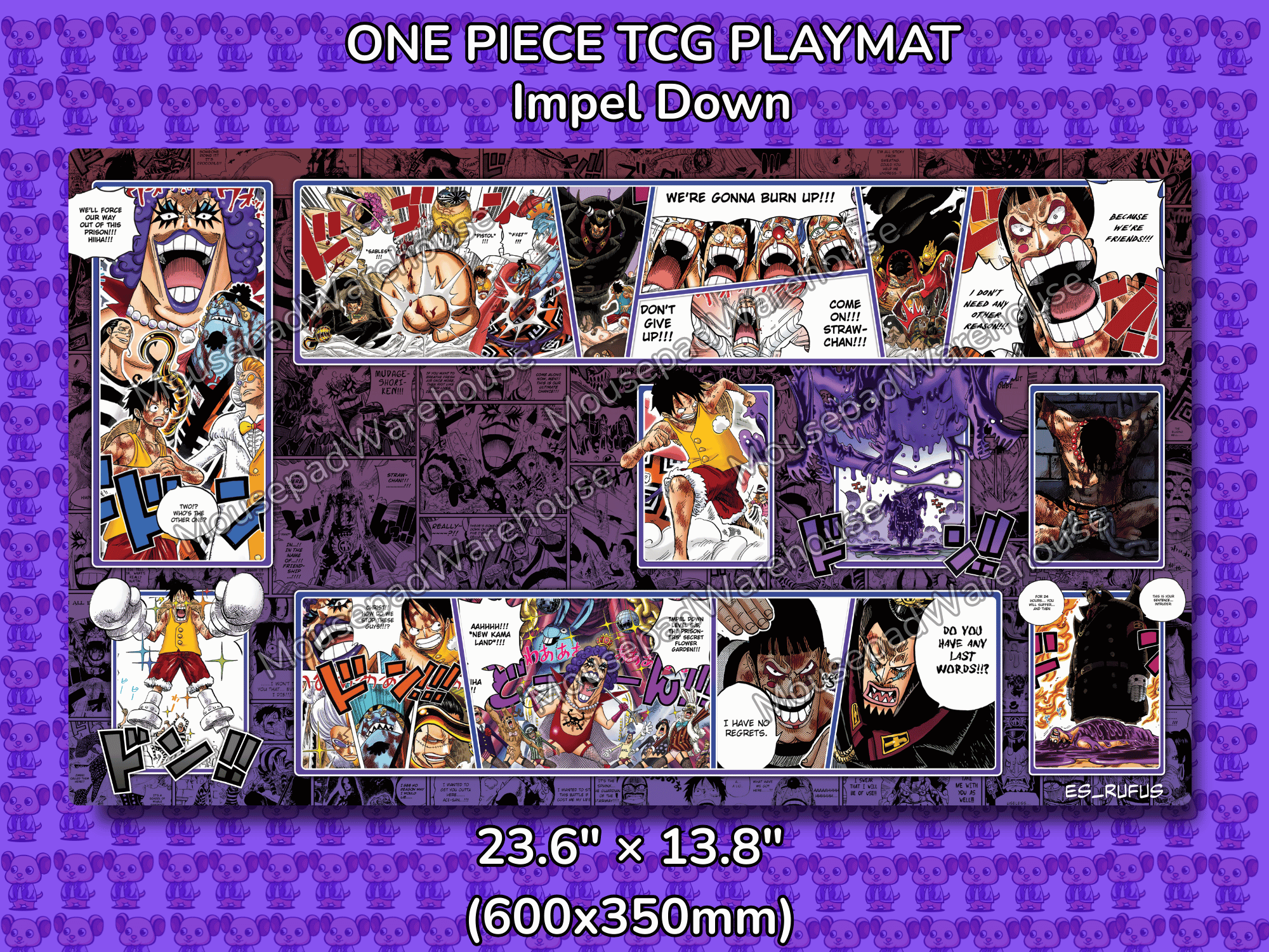 One Piece TCG Playmat featuring Impel Down with character illustrations on a purple background.