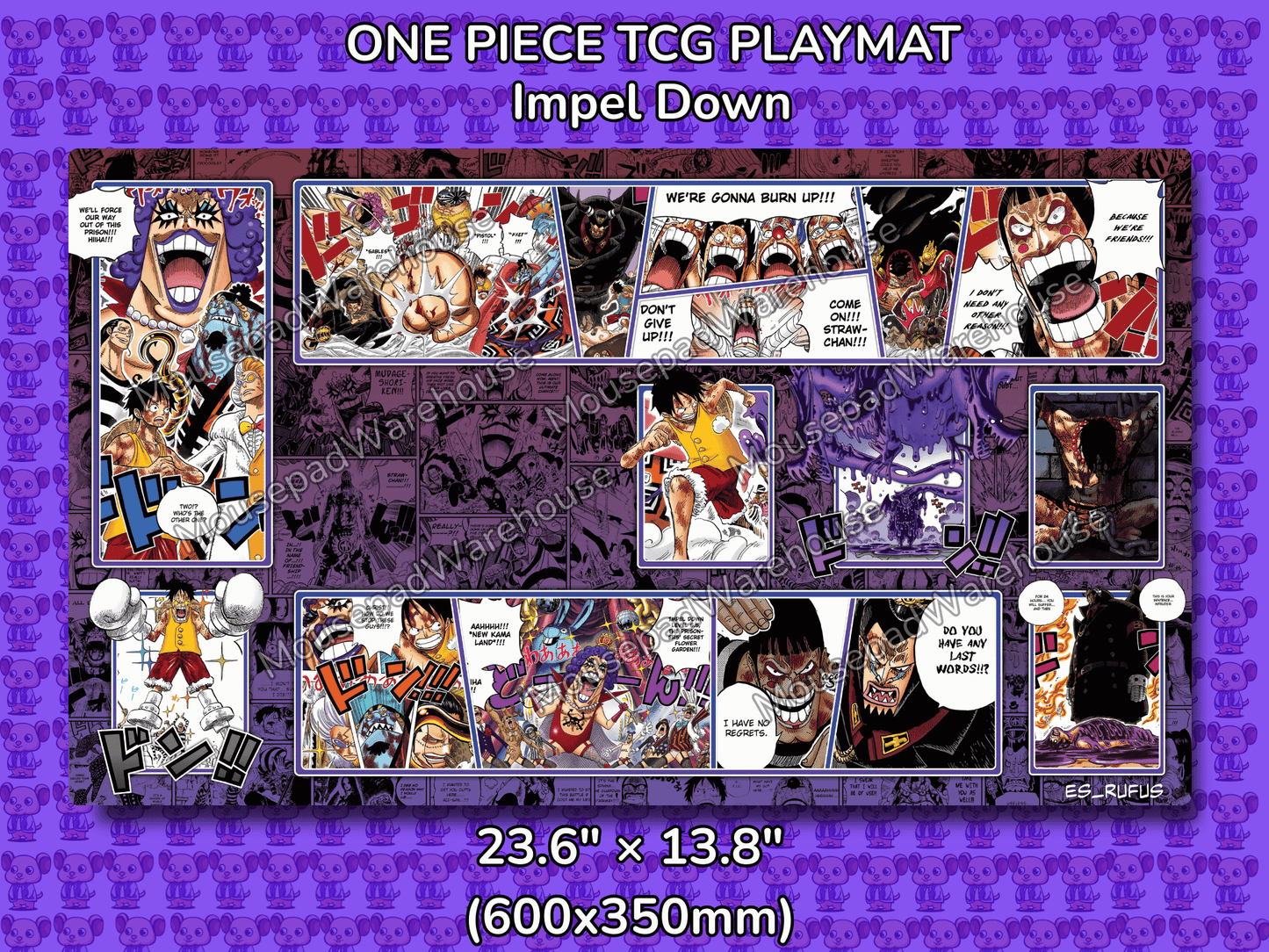 One Piece TCG Playmat featuring Impel Down with character illustrations on a purple background.
