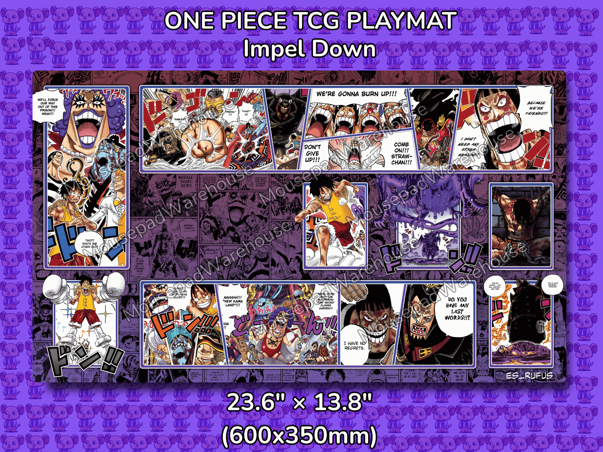 One Piece TCG Playmat featuring Impel Down with character illustrations on a purple background.