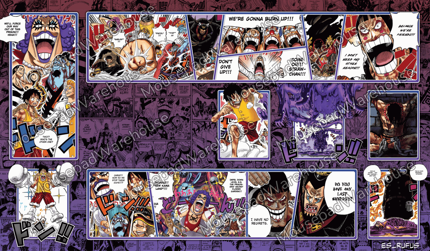 Comic-style panels with various characters and text on a purple background