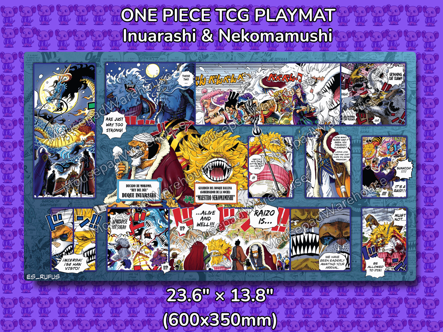 One Piece TCG Playmat featuring Inuarashi & Nekomamushi with character illustrations on a purple background.