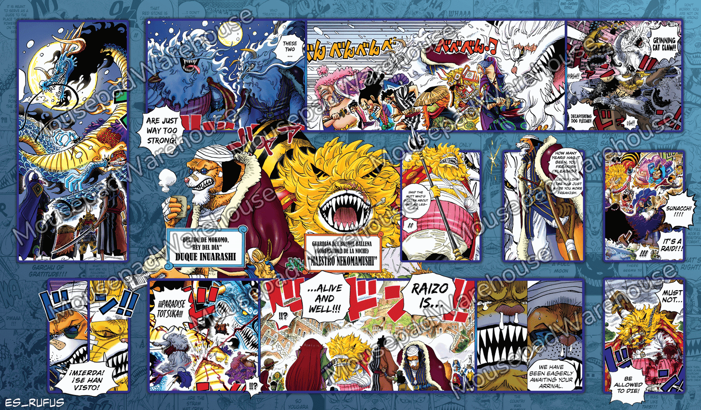 Collage of various comic book panels and illustrations on a blue background