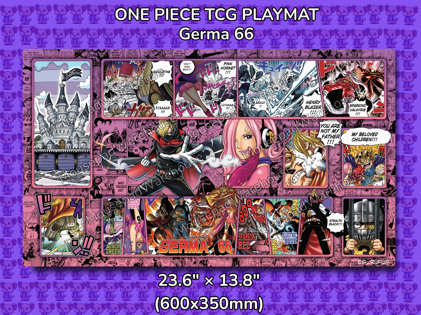 One Piece TCG playmat with character illustrations on a purple background