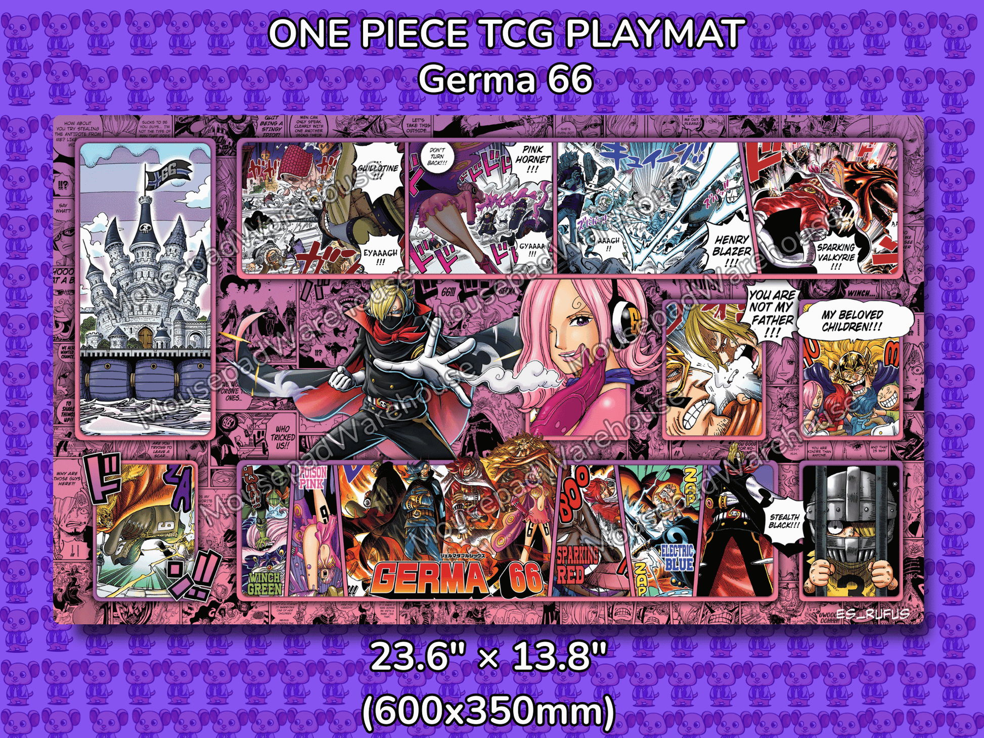 One Piece TCG playmat with character illustrations on a purple background