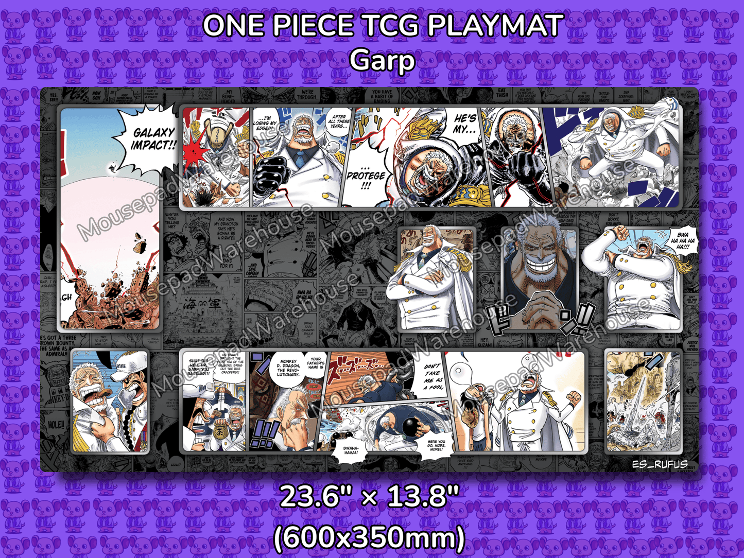 One Piece TCG Playmat featuring Garp with a purple border and text.