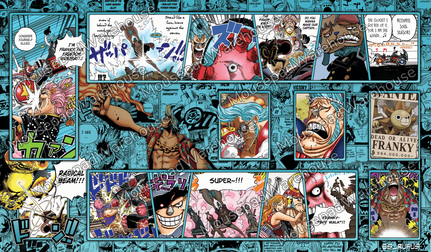 Comic book panel collage with various characters and action poses on a blue background.