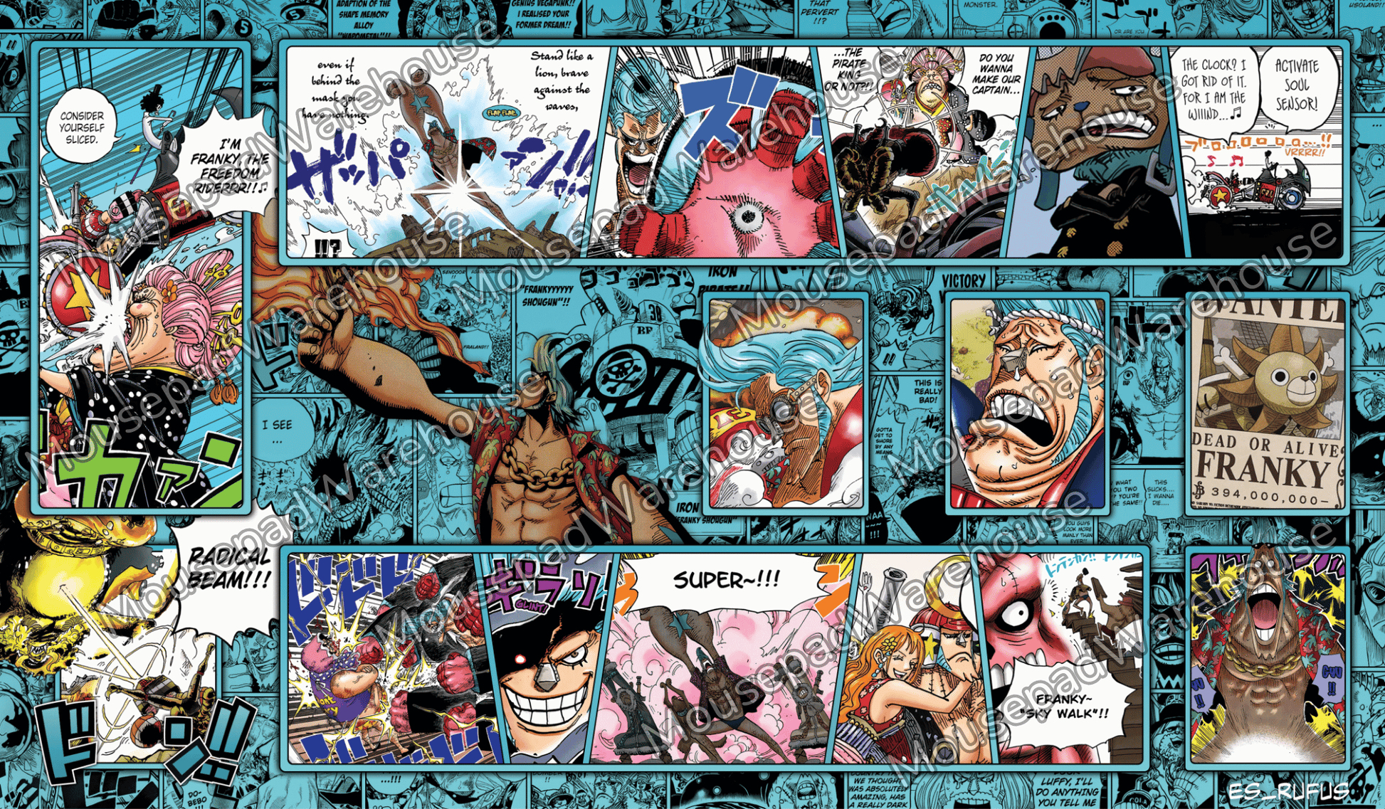 Comic book panel collage with various characters and action poses on a blue background.