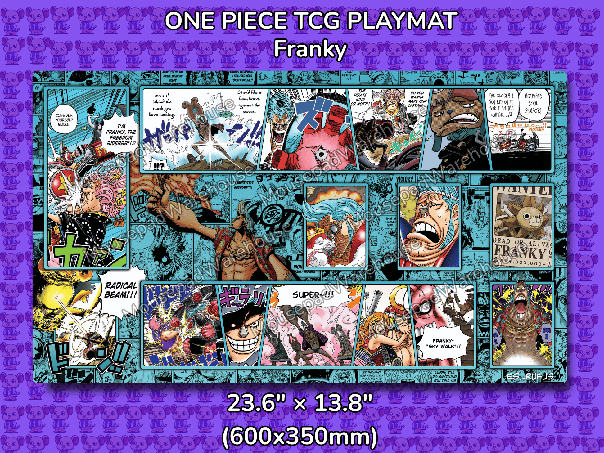 One Piece TCG Playmat featuring Franky and various characters on a purple background