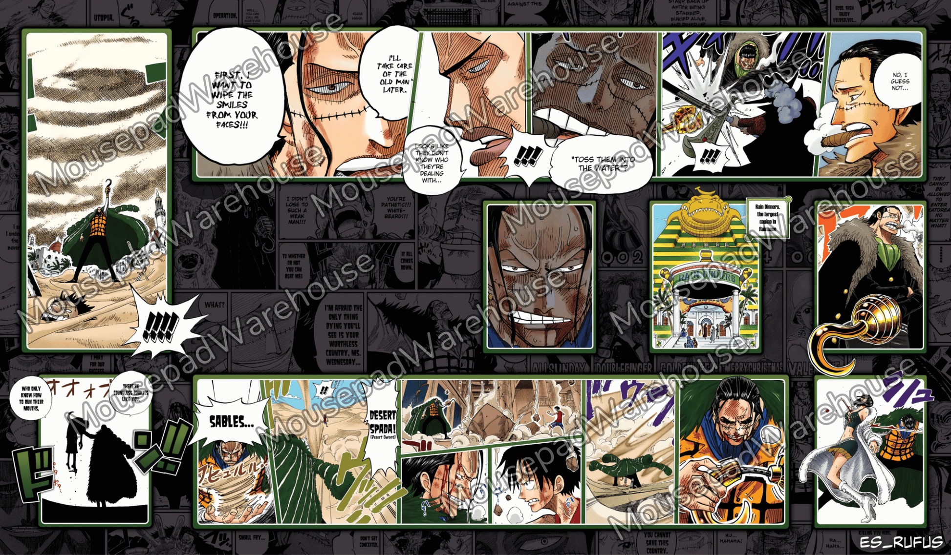 Comic book panel collage with various characters and text bubbles on a black background.