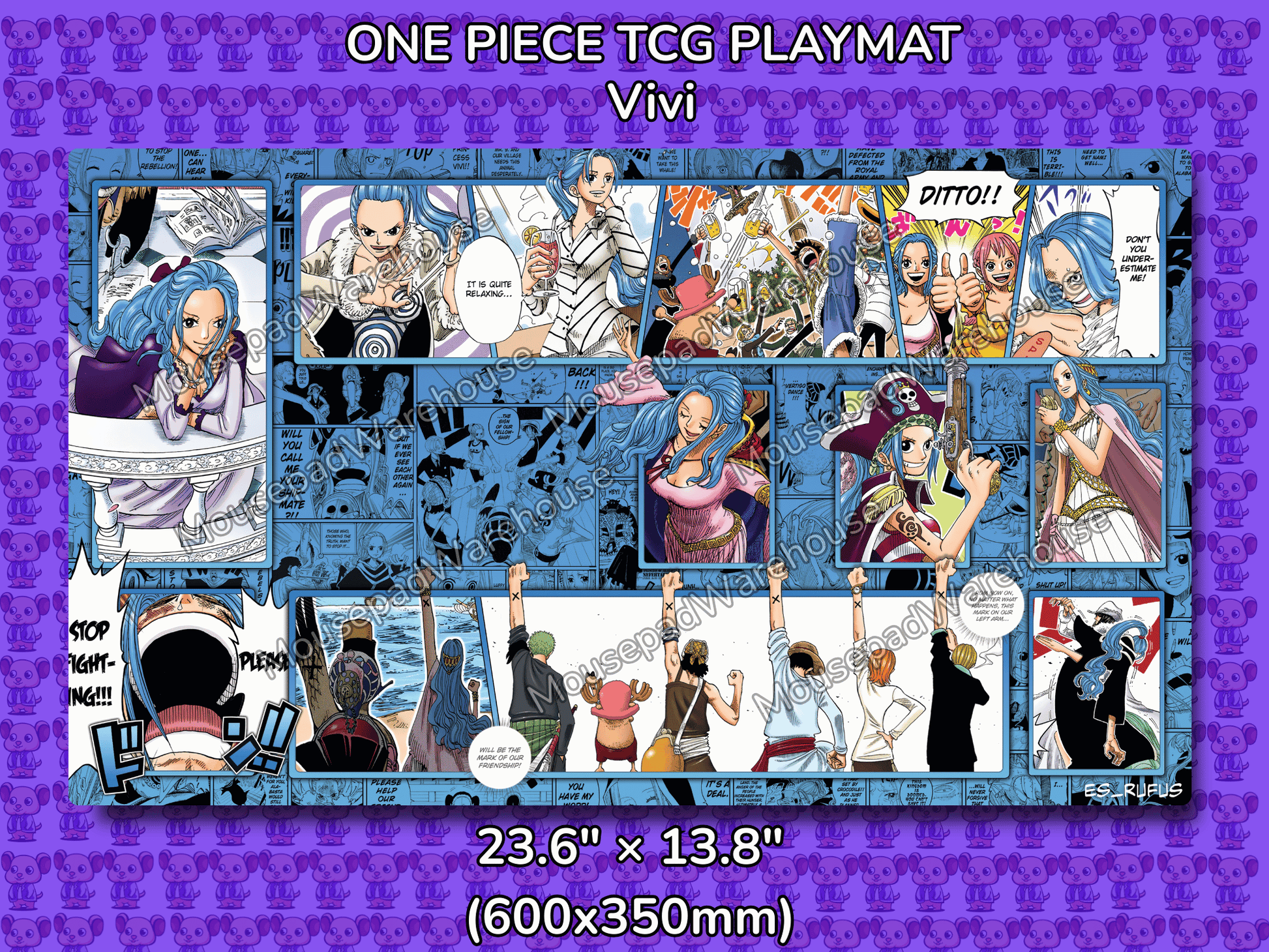 One Piece TCG Playmat featuring Vivi with character images and text on a blue and purple patterned background.