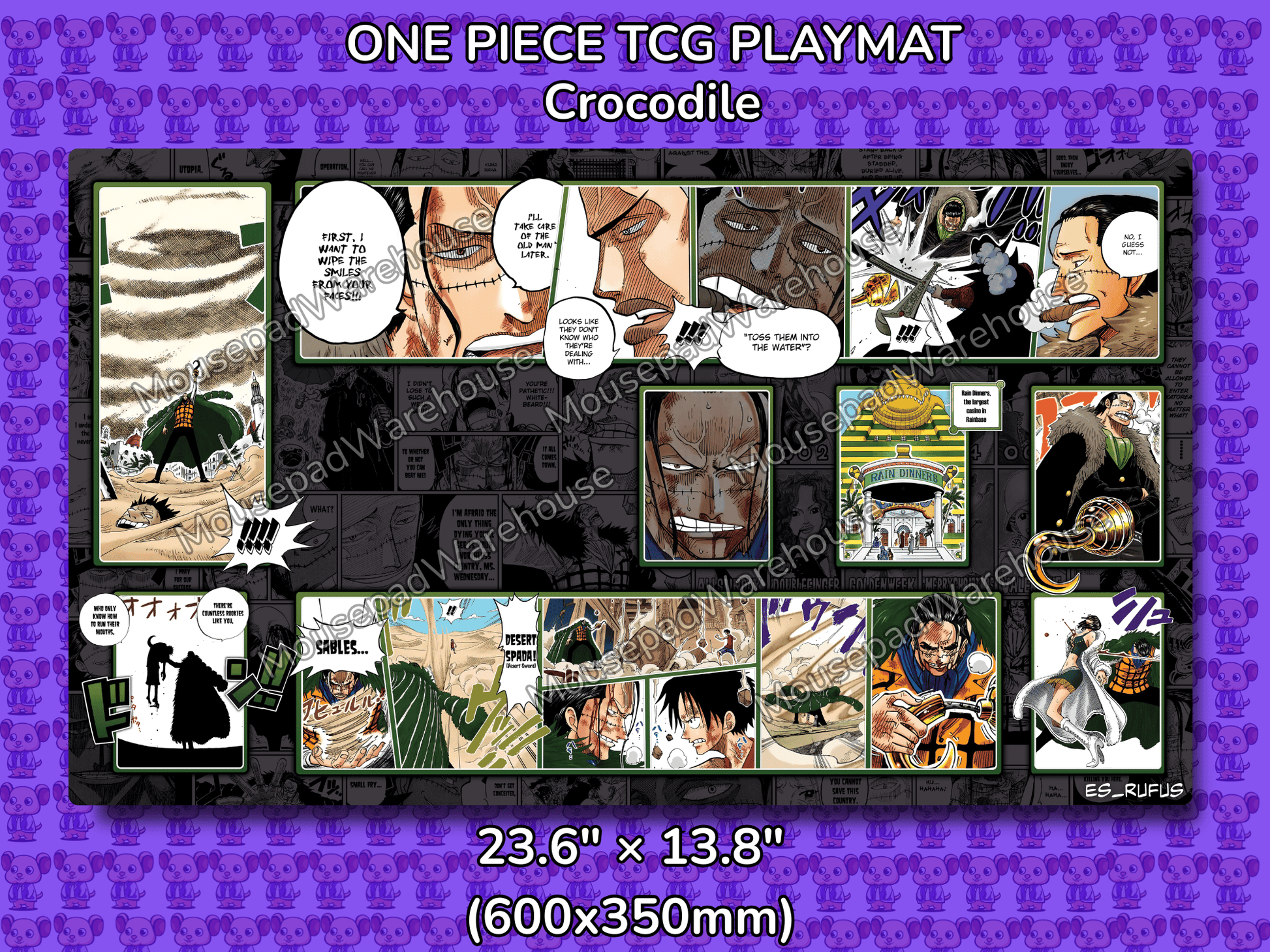 One Piece TCG Playmat with various character illustrations on a purple background