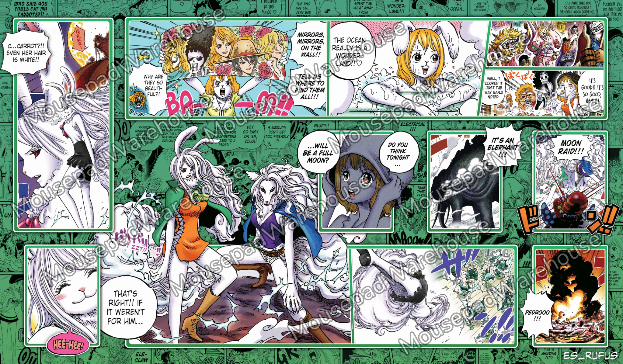 Comic book panel with various characters and action poses on a green background