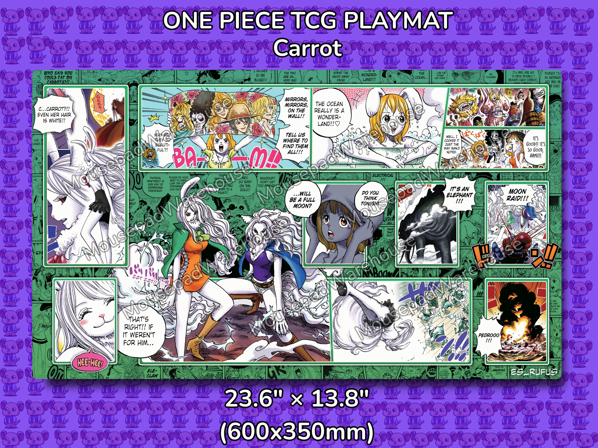 One Piece TCG Playmat with character illustrations on a purple background