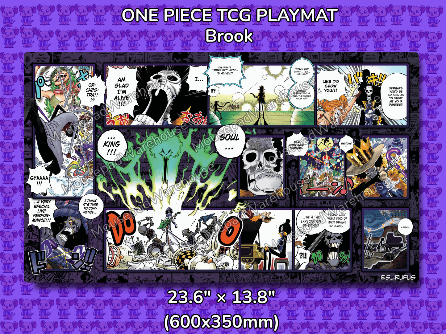One Piece TCG Playmat featuring Brook with character illustrations on a purple background