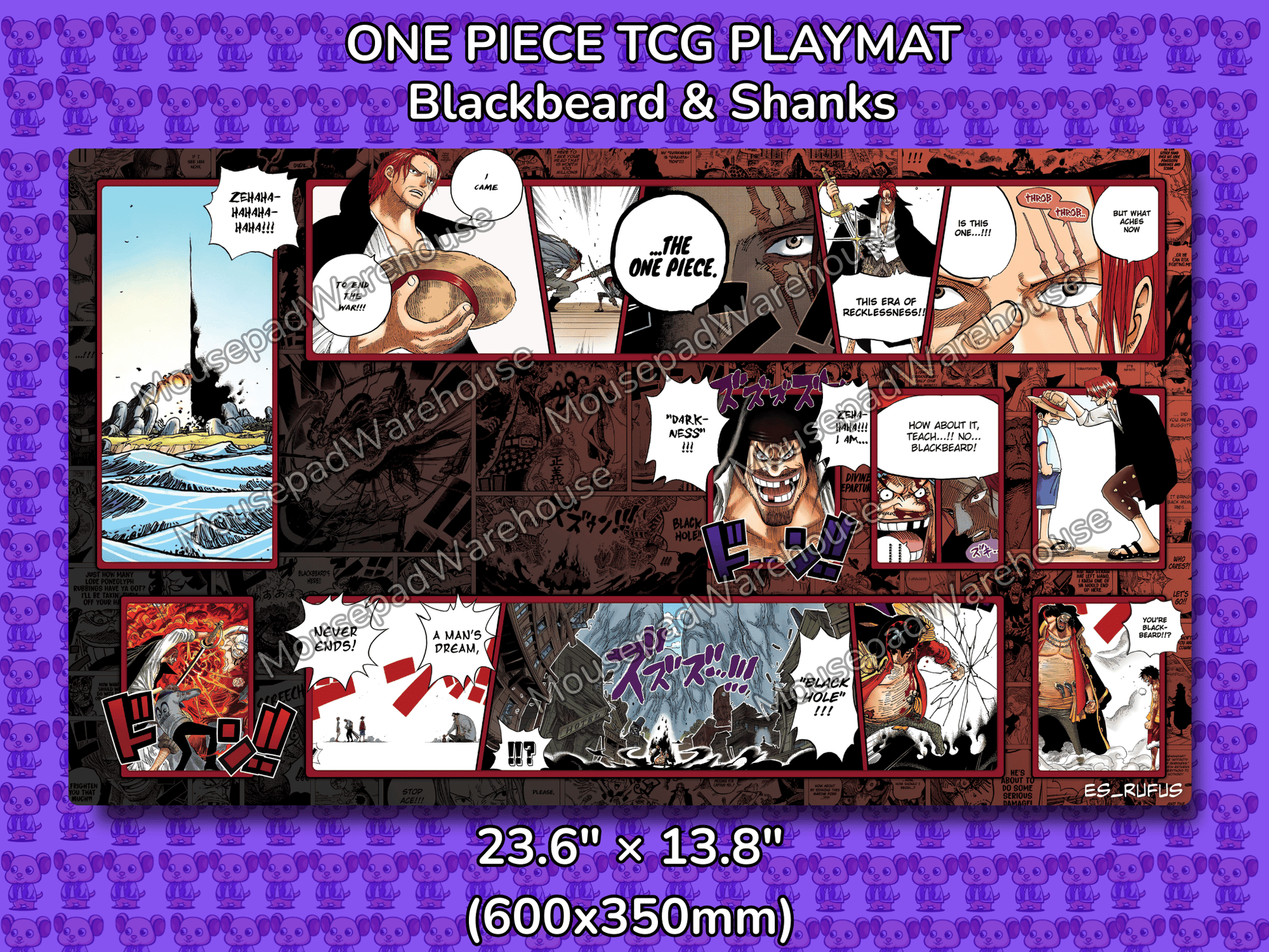 One Piece TCG Playmat featuring Blackbeard and Shanks with character images and text on a purple background.
