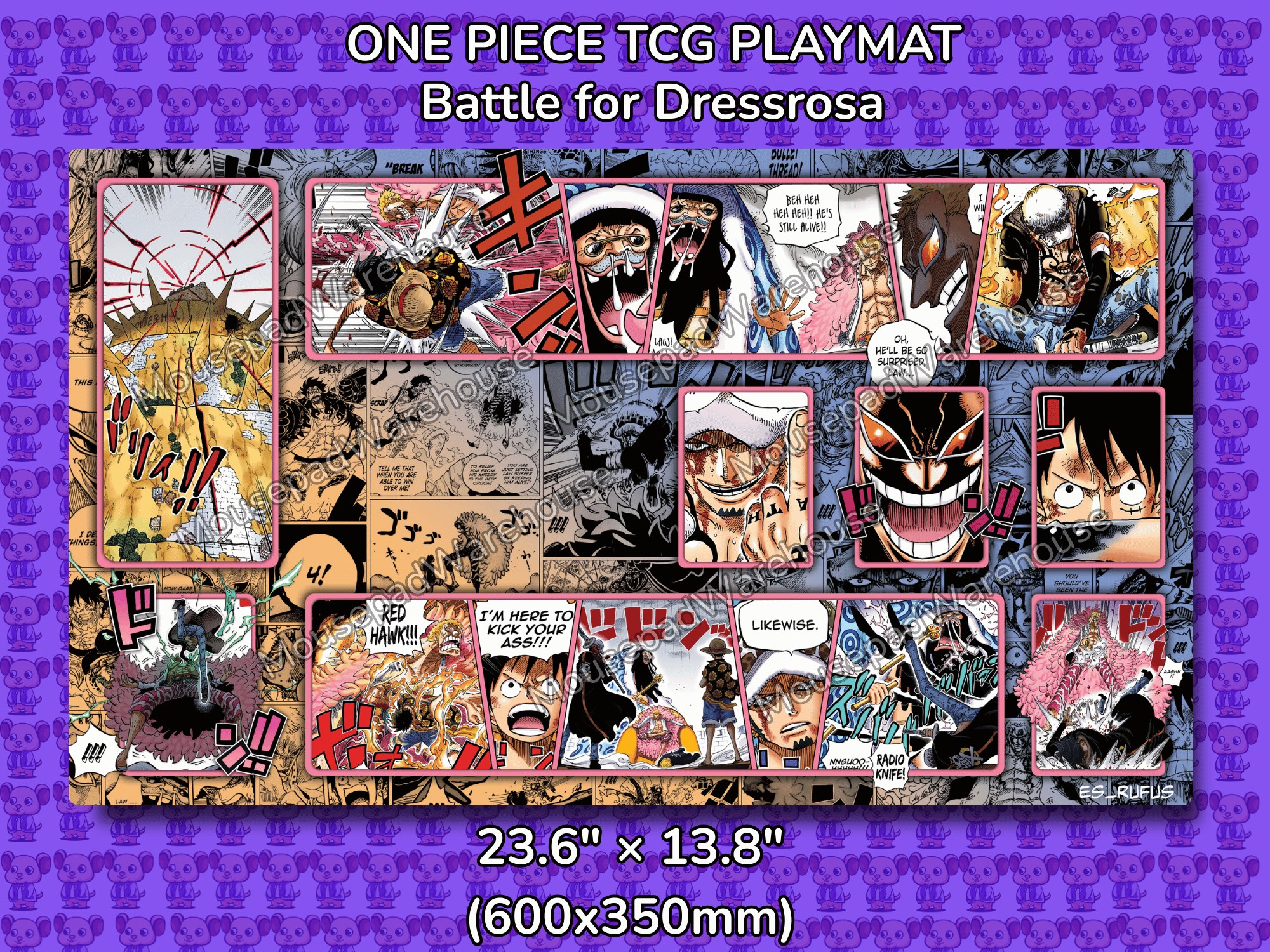 One Piece TCG Playmat with character illustrations on a purple background