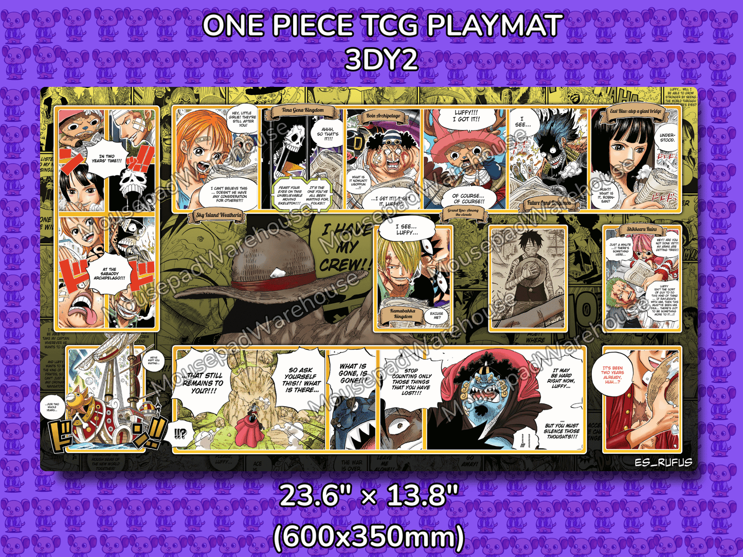 One Piece TCG Playmat 3DY2 with character illustrations on a purple background