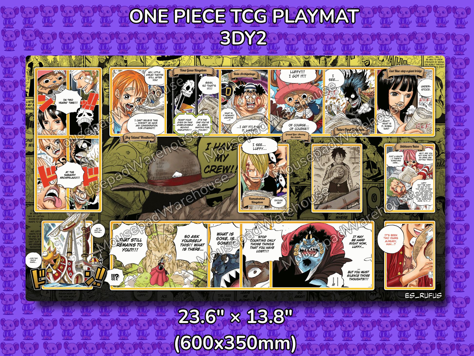 One Piece TCG Playmat 3DY2 with character illustrations on a purple background