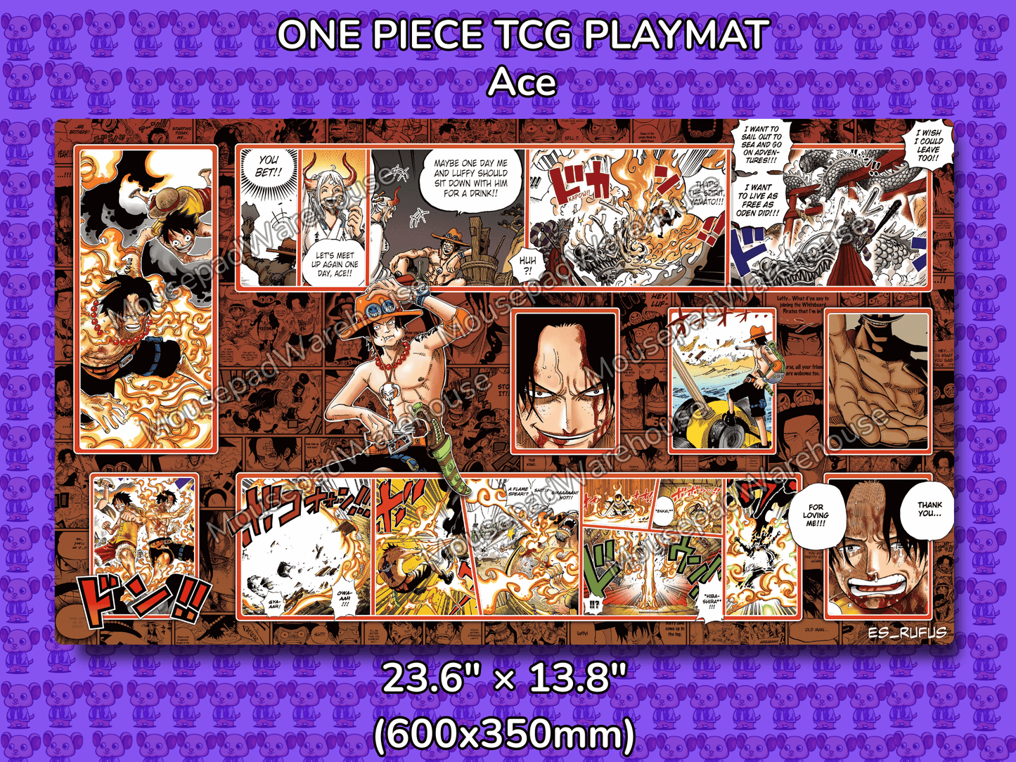 One Piece TCG Playmat featuring various characters and scenes with a purple border.