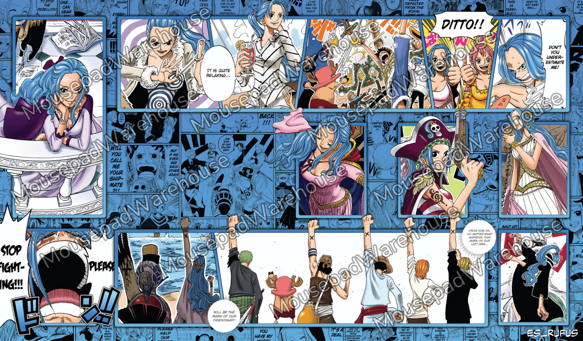 Comic book page with various characters and panels.